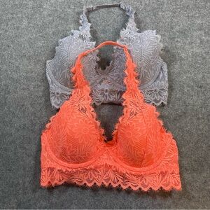PINK Victoria's Secret Lace Bralettes Size S  Lined Coral and Gray Set Of 2